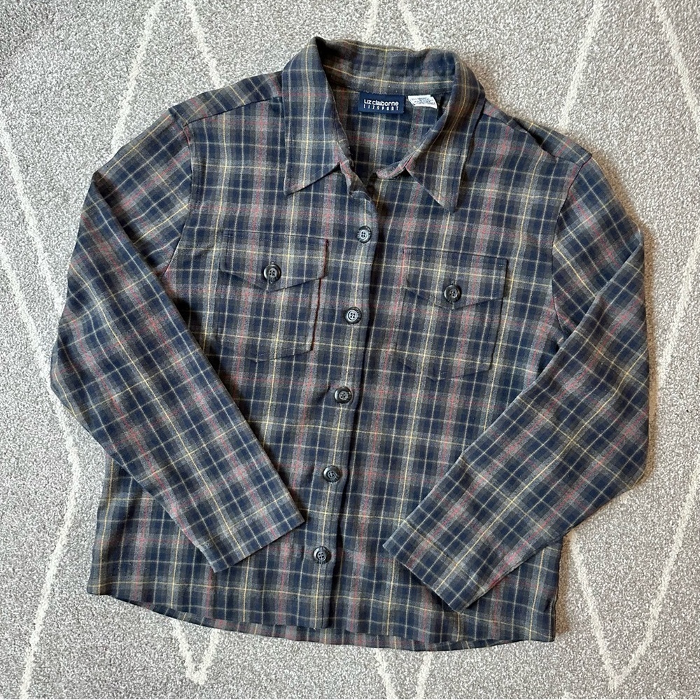Liz Claiborne LizSport Gray Vintage Boxy Plaid Stretch Button Down Shirt